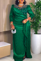 Green Plus Size Beaded Puff Sleeve Maxi Dress Pleated Waist Bodycon Gown