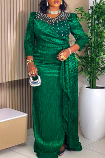 Green Plus Size Beaded Puff Sleeve Maxi Dress Pleated Waist Bodycon Gown