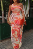 Red Printed One Shoulder Maxi Dress Drawstring Ruffle Sheer Bodycon Dress