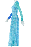 Blue Bubble Print Sheer Maxi Dress Twist Slit Bodycon Long Sleeve Dress