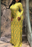 Yellow Printed Sheer Maxi Dress Turtleneck Long Sleeve Slim Fit Figure Flattering Dress