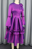 Purple Satin 3D Flower Waist-Cinched Dress Flared Sleeve Ruffle Trim Elegant Midi Dress