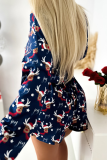 Deep Blue Christmas Print Off-Shoulder Two-Piece Waist Long Sleeve Holiday Set