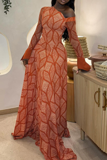 Tangerine Red Geometric Print Off Shoulder Maxi Dress Flared Sleeve Bodycon Train Dress