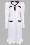 White Puff Sleeve Contrast Waist Dress Ruffled Hem Elegant Office Midi Dress