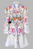 White Romantic Printed Puff Sleeve Dress Stand Collar Waist-Cinched Elegant Fairy Mini Dress