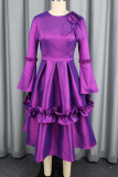 Purple Satin 3D Flower Waist-Cinched Dress Flared Sleeve Ruffle Trim Elegant Midi Dress