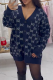 Deep Blue Double G Print V Neck Knit Cardigan Loose Pocket Button Coat