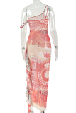 Red Printed One Shoulder Maxi Dress Drawstring Ruffle Sheer Bodycon Dress