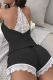 Black Lace Open Back Cami Two-Piece Shorts Trim Comfort Loungewear Set