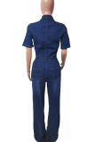 Deep Blue Short Sleeve Denim Jumpsuit Collared Waist Wide Leg Casual Fashion Workwear Romper