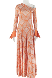 Tangerine Red Geometric Print Off Shoulder Maxi Dress Flared Sleeve Bodycon Train Dress
