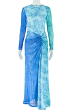 Blue Bubble Print Sheer Maxi Dress Twist Slit Bodycon Long Sleeve Dress
