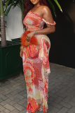 Red Printed One Shoulder Maxi Dress Drawstring Ruffle Sheer Bodycon Dress