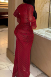 Red Polka Dot Sheer Maxi Dress Ruched Waist Long Sleeve Bodycon Dress