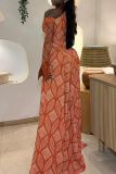 Tangerine Red Geometric Print Off Shoulder Maxi Dress Flared Sleeve Bodycon Train Dress