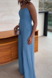 Lake Blue Spaghetti Strap Waist Cinched Jumpsuit Waist Wrap Button Wide Leg Elegant Workwear Fashion Pantsuit