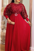 Red Plus Size Sequin Sheer Maxi Dress Puff Sleeve Pleated Waist Gown