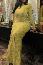 Yellow Printed Sheer Maxi Dress Turtleneck Long Sleeve Slim Fit Figure Flattering Dress