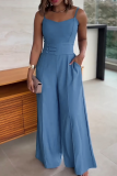 Lake Blue Spaghetti Strap Waist Cinched Jumpsuit Waist Wrap Button Wide Leg Elegant Workwear Fashion Pantsuit