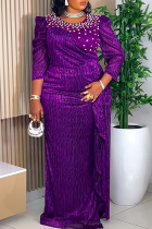 Purple Plus Size Beaded Puff Sleeve Maxi Dress Pleated Waist Bodycon Gown