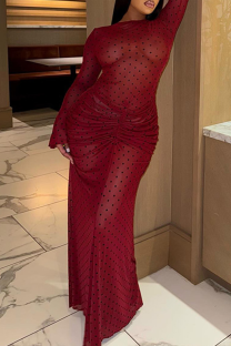 Red Polka Dot Sheer Maxi Dress Ruched Waist Long Sleeve Bodycon Dress