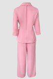 Pink Blazer Collar Drawstring Waist Two Piece Set Wide Leg Pants Elegant Office Fashion Set