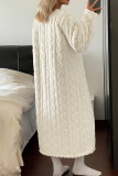 Cream White Cable Knit Long Nightgown Lace V-Neck Cardigan Cozy Warm Loungewear Robe
