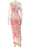 Red Printed One Shoulder Maxi Dress Drawstring Ruffle Sheer Bodycon Dress