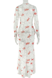 White Red Goldfish Print Lace Collar Maxi Dress Ruffle Slit Sheer Bodycon Dress