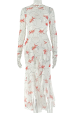White Red Goldfish Print Lace Collar Maxi Dress Ruffle Slit Sheer Bodycon Dress