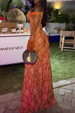 Tangerine Red Geometric Print Off Shoulder Maxi Dress Flared Sleeve Bodycon Train Dress