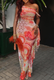 Red Printed One Shoulder Maxi Dress Drawstring Ruffle Sheer Bodycon Dress