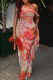 Red Printed One Shoulder Maxi Dress Drawstring Ruffle Sheer Bodycon Dress