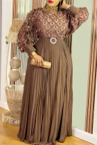 Light Coffee Plus Size Sequin Sheer Maxi Dress Puff Sleeve Pleated Waist Gown