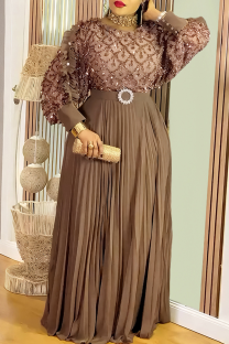 Light Coffee Plus Size Sequin Sheer Maxi Dress Puff Sleeve Pleated Waist Gown