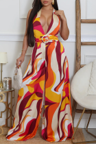Red Printed Halter Plunge Jumpsuit Wide Belt Wide Leg Fashion Romper