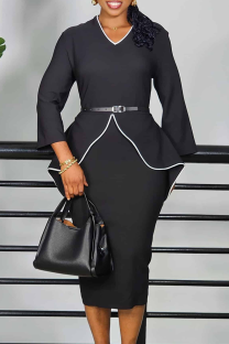 Black Waist Belt Ruffled Dress Contrast Trim Elegant Office Midi Dress