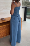 Lake Blue Spaghetti Strap Waist Cinched Jumpsuit Waist Wrap Button Wide Leg Elegant Workwear Fashion Pantsuit