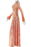 Tangerine Red Geometric Print Off Shoulder Maxi Dress Flared Sleeve Bodycon Train Dress