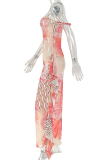 Red Printed One Shoulder Maxi Dress Drawstring Ruffle Sheer Bodycon Dress