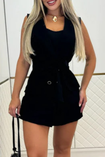 Black Sleeveless Blazer Collar Jumpsuit Tie Waist Pocket Casual Fashion Romper