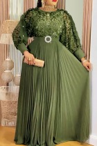 Green Plus Size Sequin Sheer Maxi Dress Puff Sleeve Pleated Waist Gown