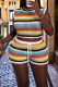 Colour Striped Openwork Knit Crop Top Shorts Vacation Two-piece Set