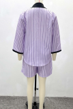 Purple Striped Loose Fit Shirt Set Long-Sleeve Top and Shorts Casual Two Piece Set
