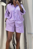 Purple Striped Loose Fit Shirt Set Long-Sleeve Top and Shorts Casual Two Piece Set