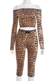 Leopard Print Off-shoulder Long Sleeve Top Drawstring Capri Pants Two-piece Set