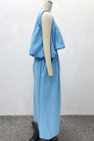 Blue Sleeveless Ruched Top Wide Leg Pants Two Piece Set Loose Casual Outfit