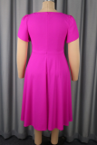 Rose Red Plus Size Puff Sleeve Waist Dress Rhinestone Trim Midi Elegant Gown