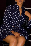 Dark Blue Polka Dot Zip Two Piece Set Long Sleeve Top Ruffle Skirt Casual Outfit